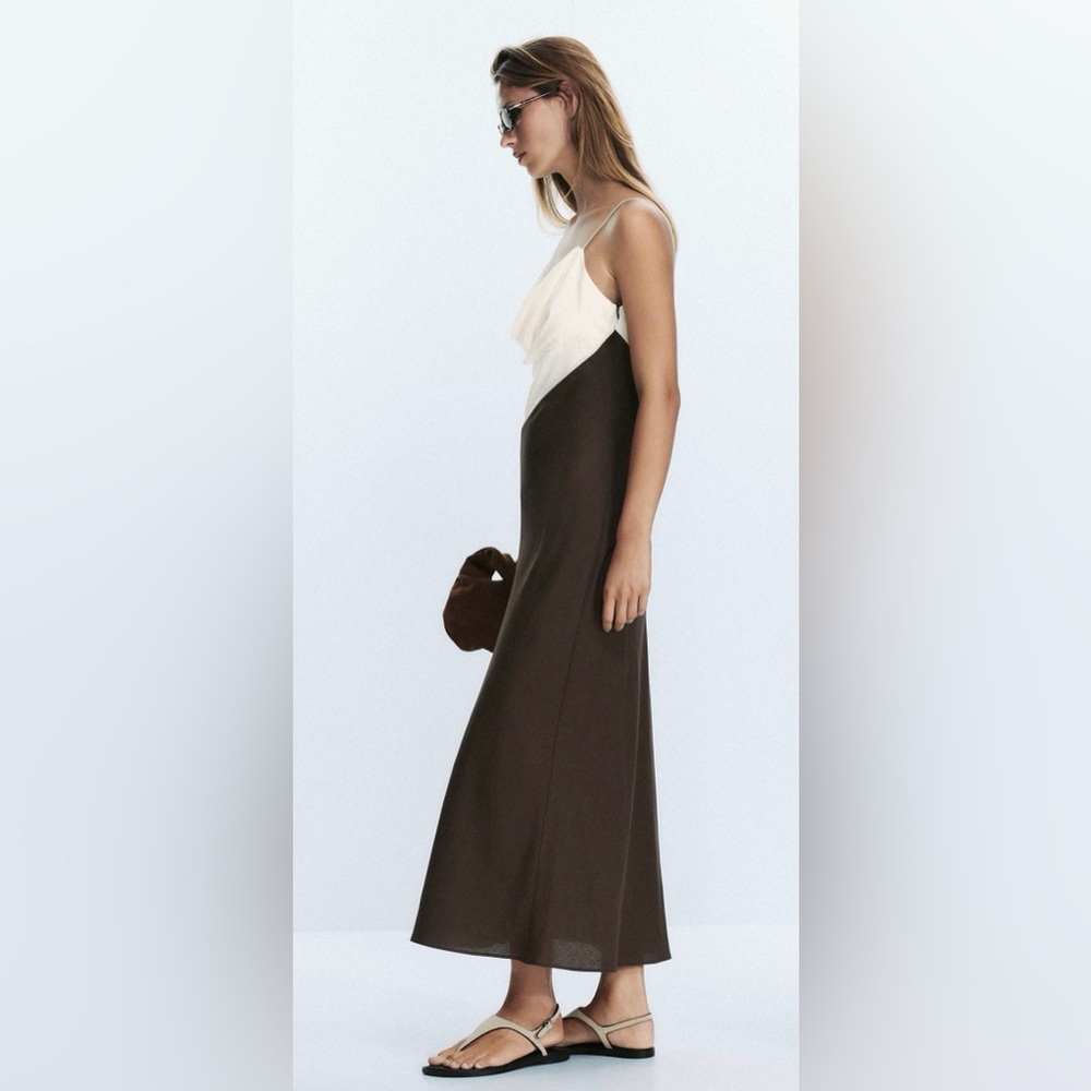 Zara Two-Tone Asymmetrical Slip Dress in Cream and Brown - Picture 7 of 11